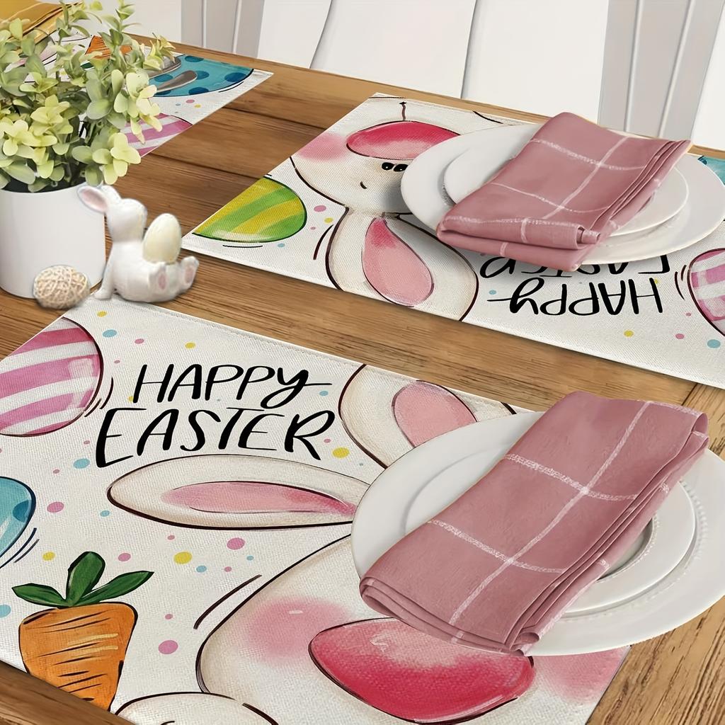 4 Stück, Frohe Ostern Hasen Tischsets Set aus 4, Niedliche Hasen Eier Karotte Punkte Streifen Esstisch Platzsets, Bauernhaus Küchen Deko 12 x 18 Zoll