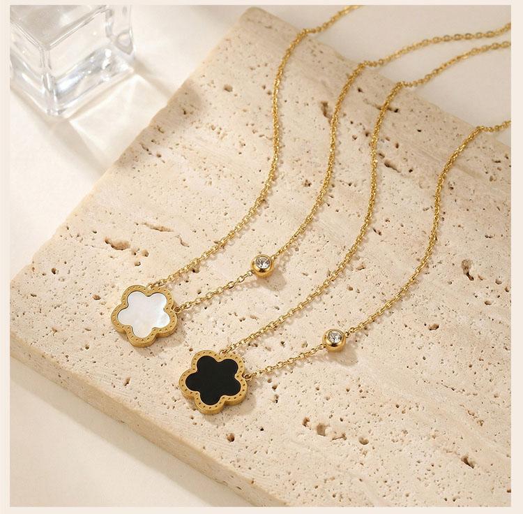 Double Sided Clover Zirconia Necklace, Lucky Charms Flower Shell Pendant, Rustproof Stainless Steel Dainty Jewelry for Women
