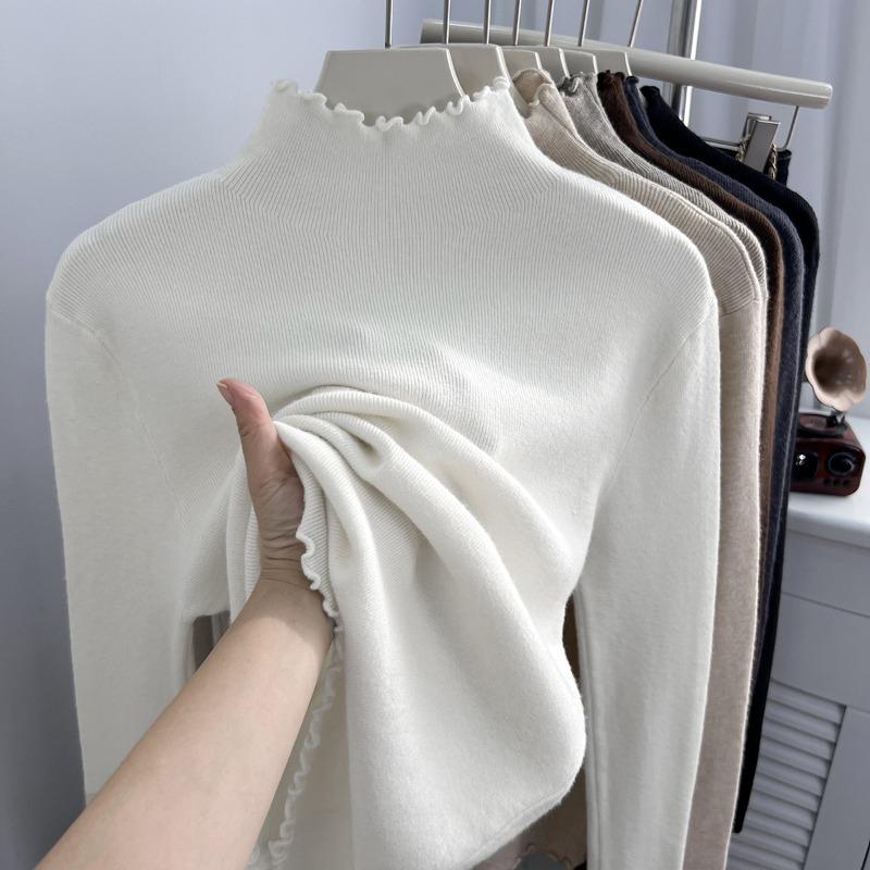 Semi-turtleneck Stacked with Fungus Edge Knitted Sweater, Soft Waxy Sweater, Female Slim Body with Long-sleeved Autumn and Winter Bottoming Top
