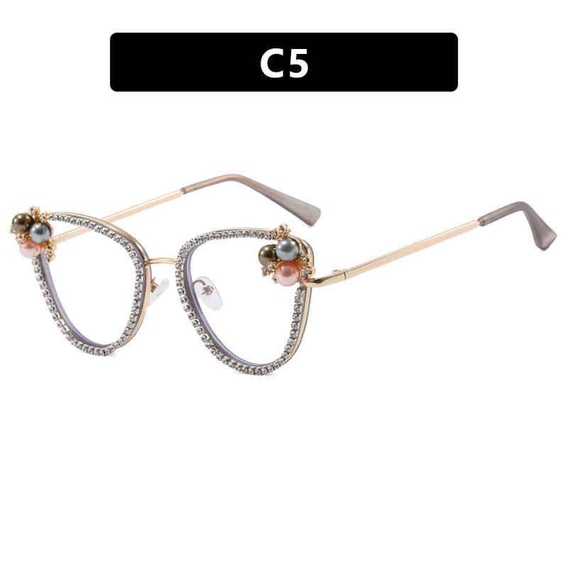 Triangular Cat'S Eye Diamond-Encrusted Flat Mirror Anti-Blue Luxury Glasses Frame Pearl Retro Personalized Glasses Frame