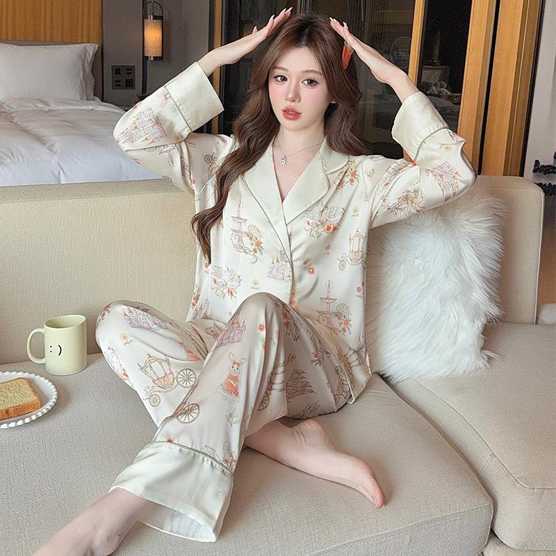 1011 new pajamas women's spring and autumn thin ice silk long-sleeved trousers suit can be worn outside, high-end light luxury home
