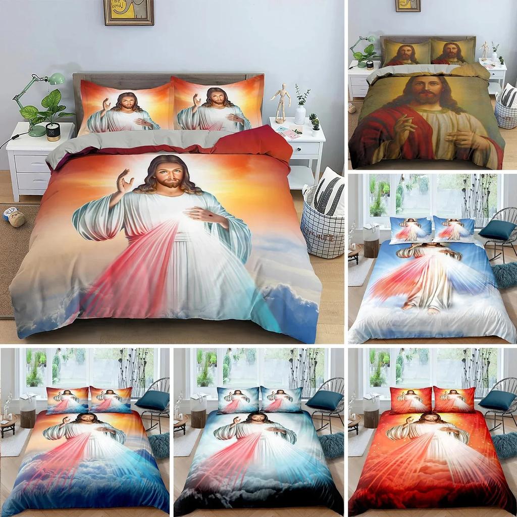 3D Jesus Duvet Cover Christian Sacred Jesus Bedding Set God Bless You Soft Quilt Cover Set KingQueen Size for Adults Women Men