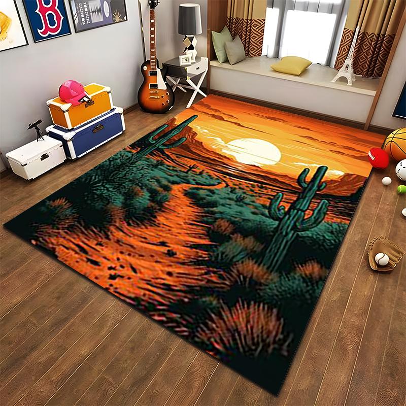 Sunset Desert Scene Carpet with Cactus Pattern, Warm Earth Tones Design Suitable for Use As an Anti-slip for Living Room Bedroom Sofas