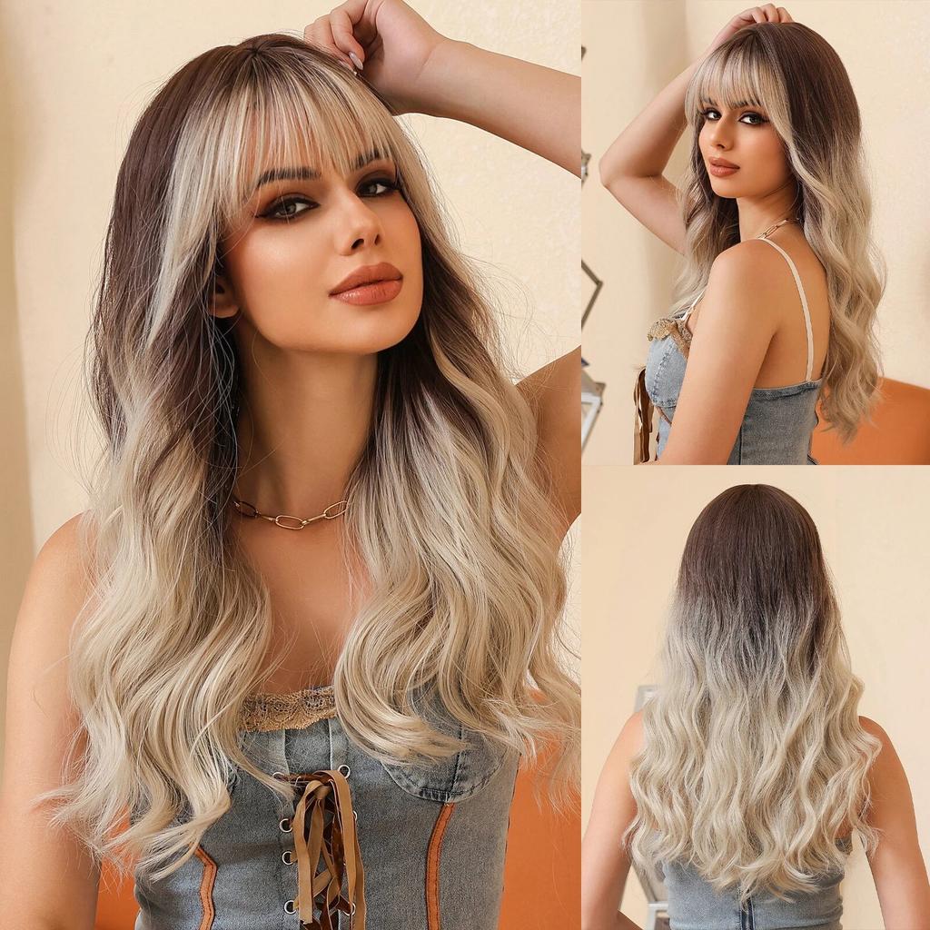 Professional  White Blonde Long Wavy Synthetic Wigs with Bangs for Black Women Halloween Cosplay Party Daily Wig Natural Hair Heat Resistant