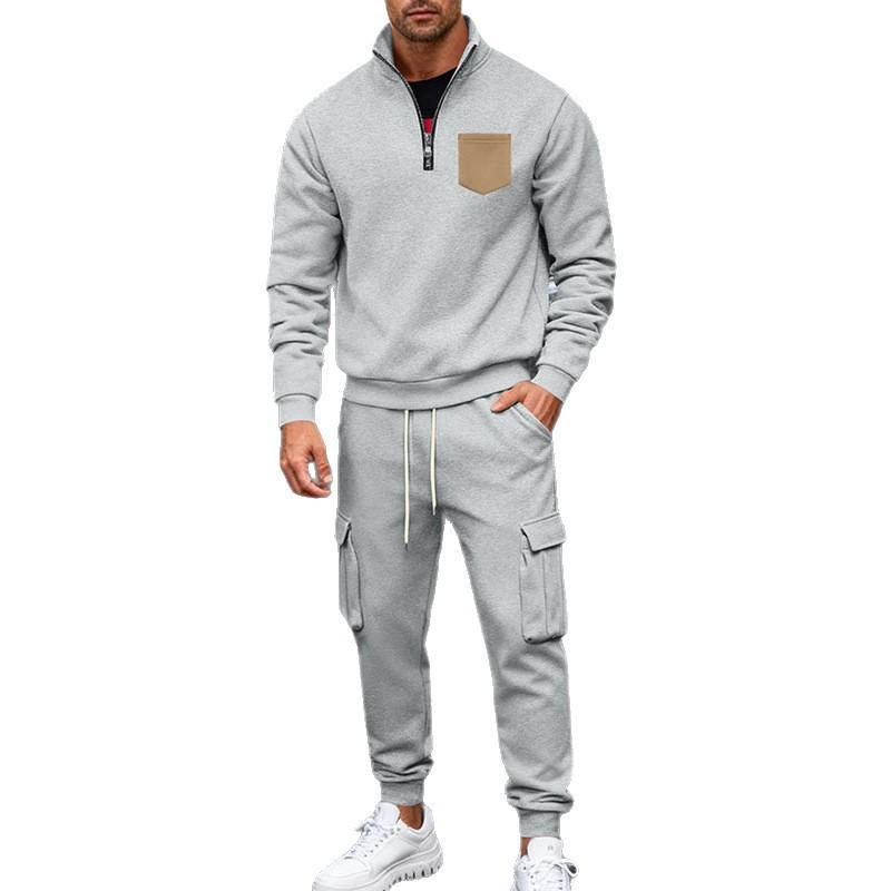 Autumn/Winter Heavyweight Men's Oversized Fleece-Lined Workwear Commuter Stand-Collar Sweatshirt & Workwear Sweatpants Two-Piece Set