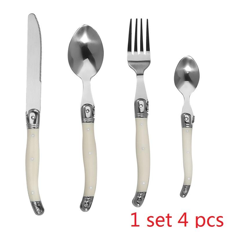 

4/6/8/16/24 шт. Набор столовых приборов Laguiole Ivory White из нержавеющей стали, ножи для стейков, вилки, столовые ложки, чайная ложка, корейские столовые приборы