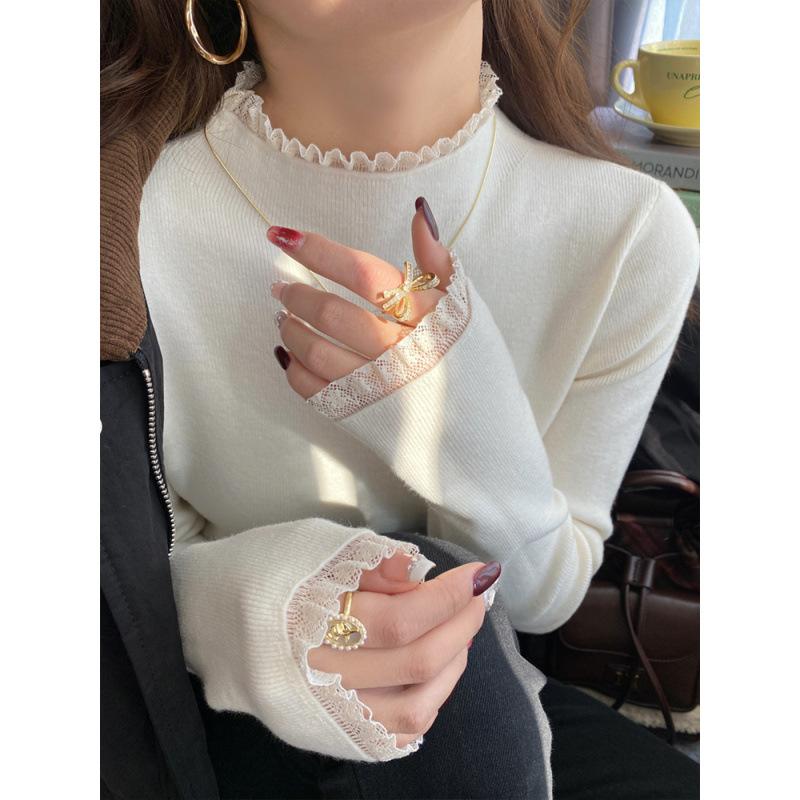 

Французский стиль кружевная вставка полувысокий воротник белый вязаный базовый свитер топ для женской осени и зимы приталенный внутренний свитер One Size белый