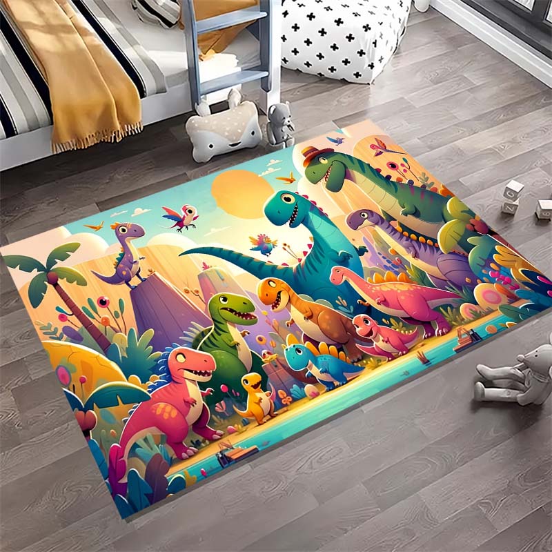 Cartoon Colorful Dinosaur Jungle Sun Landscape Print Area Rug Non‑Slip Rectangular Floor Mat Prehistoric Home Decor