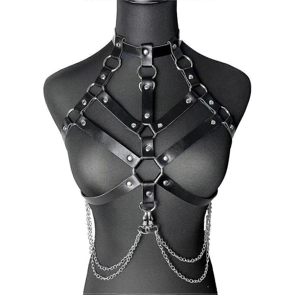 Punk Layered Chest Chain,Leather Bra CageStyle Shoulder Strap,Harness Nightclub