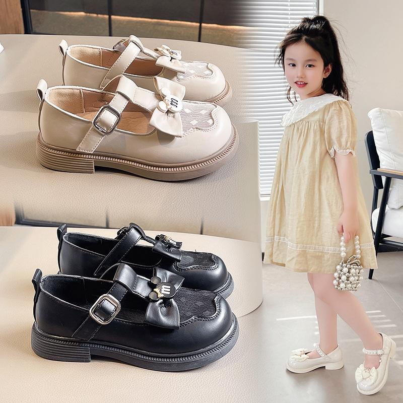 Mesh breathable girls' leather shoes 2025 spring and autumn new bow girls princess shoes children's soft-soled single shoes performance shoes