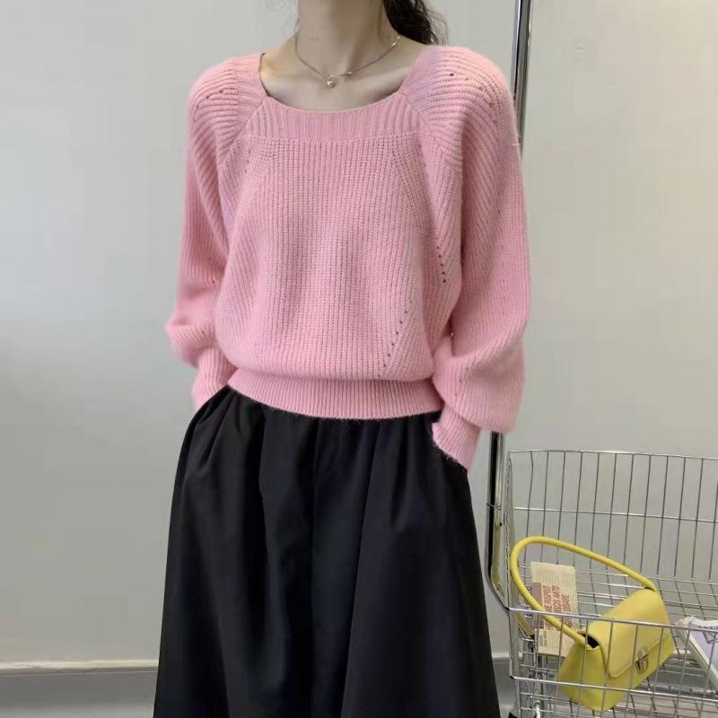 Women's Thickened Lantern Sleeve Sweater - Autumn/Winter Square Collar Trendy Design