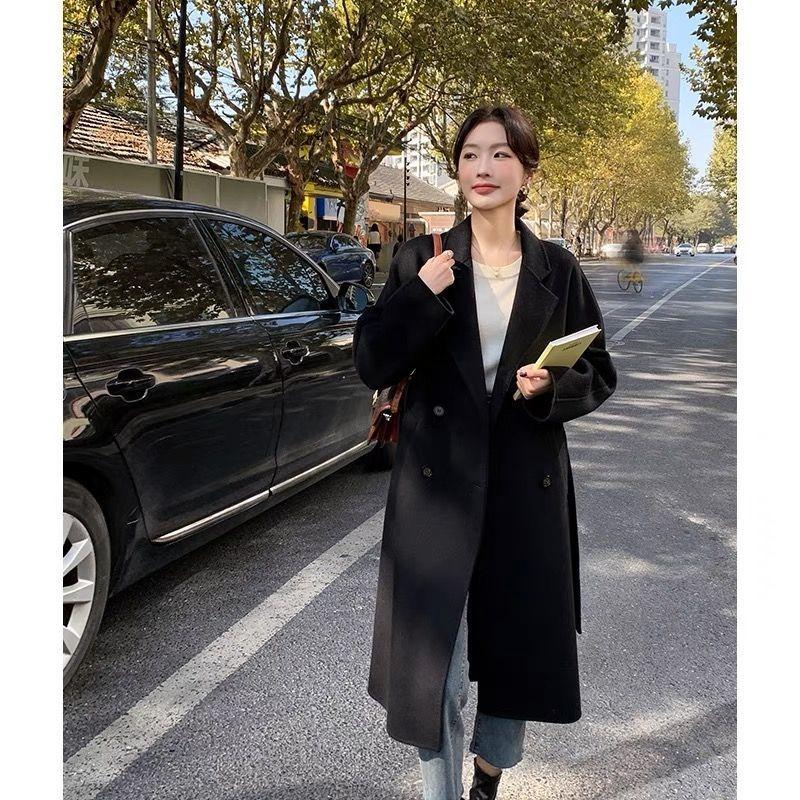 Solid Color Woolen Coat Mid-length Women's Autumn and Winter All-match Internet Celebrity Thickened Hong Kong-style Loose Woolen Coat