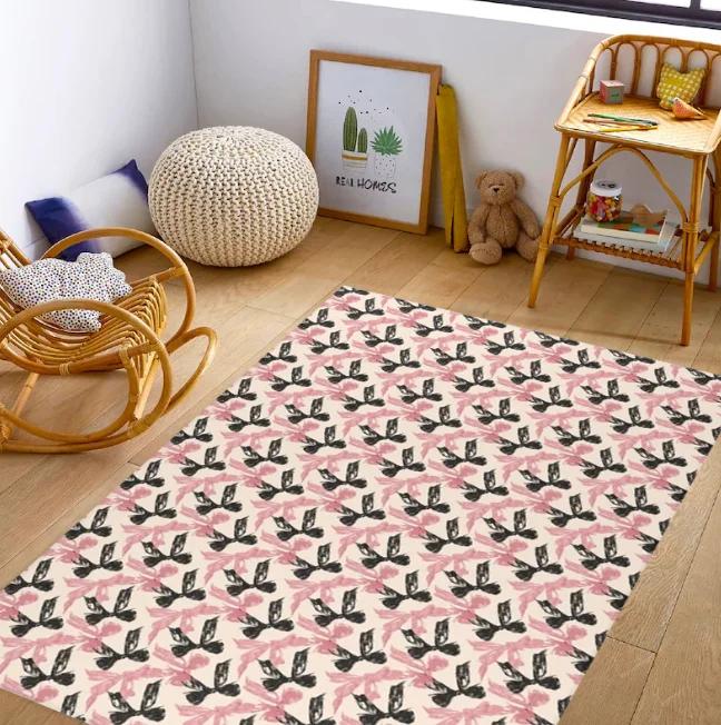 Area Rug with Pink Bows Black White Checkered Rug Cute Soft Girl Area Rug Pink Ballet Core Carpet Coquette Rug Dorm Room Decor