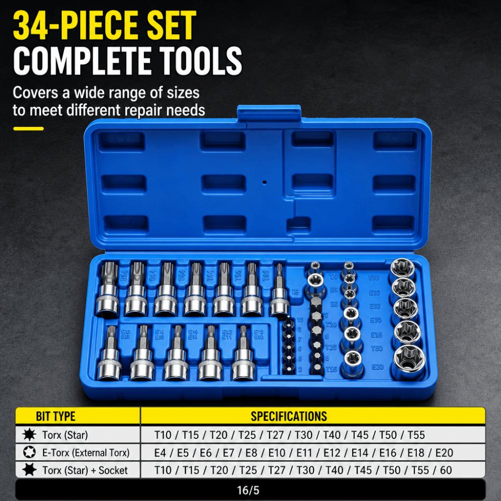 34PCS/BOX Versatile Galvanized Flower Bit Kit Hard Alloy Repair Hand Gear Socket Set Pipe Install