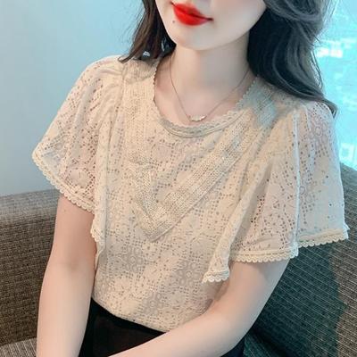 Flying Sleeve Hollow Lace Shirt Women Summer 2023 Fashion O Neck Elegant Blouse Women French Sweet Temperament Slim Tops 27630