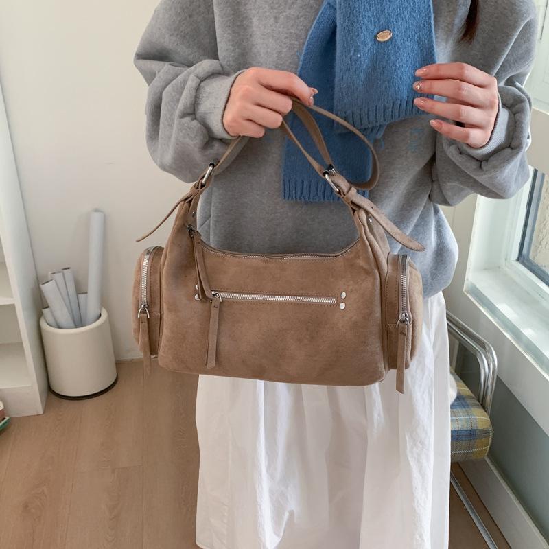 PU Suede Hobo Bag Women's Fashion Shoulder Tote with Multiple Zip Pockets Casual Everyday Handbag