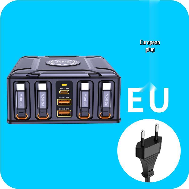 

550W Gallium Nitride Multi-Port Charger with Retractable Cable & Wireless Charging - All-in-One Device Charger EU Plug сірий колір