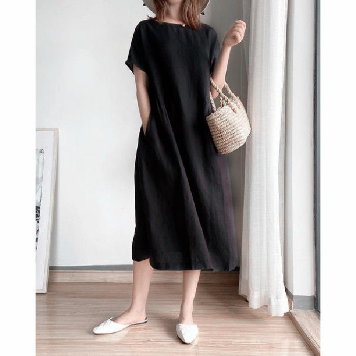 Cotton and Linen Solid Color Loose Dress for Women In Summer