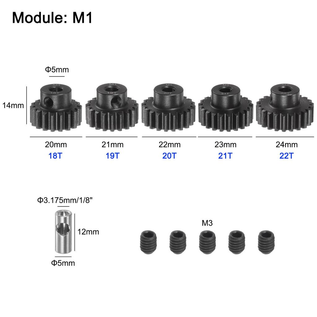 uxcell M1 Mod1 Pinion Gear Set, 5mm Shaft, 18T, 19T, 20T, 21T, 22T Motor Gears, Hardened Steel Pinion Gears with 3.17mm Coupler for RC Cars (Set of 5)