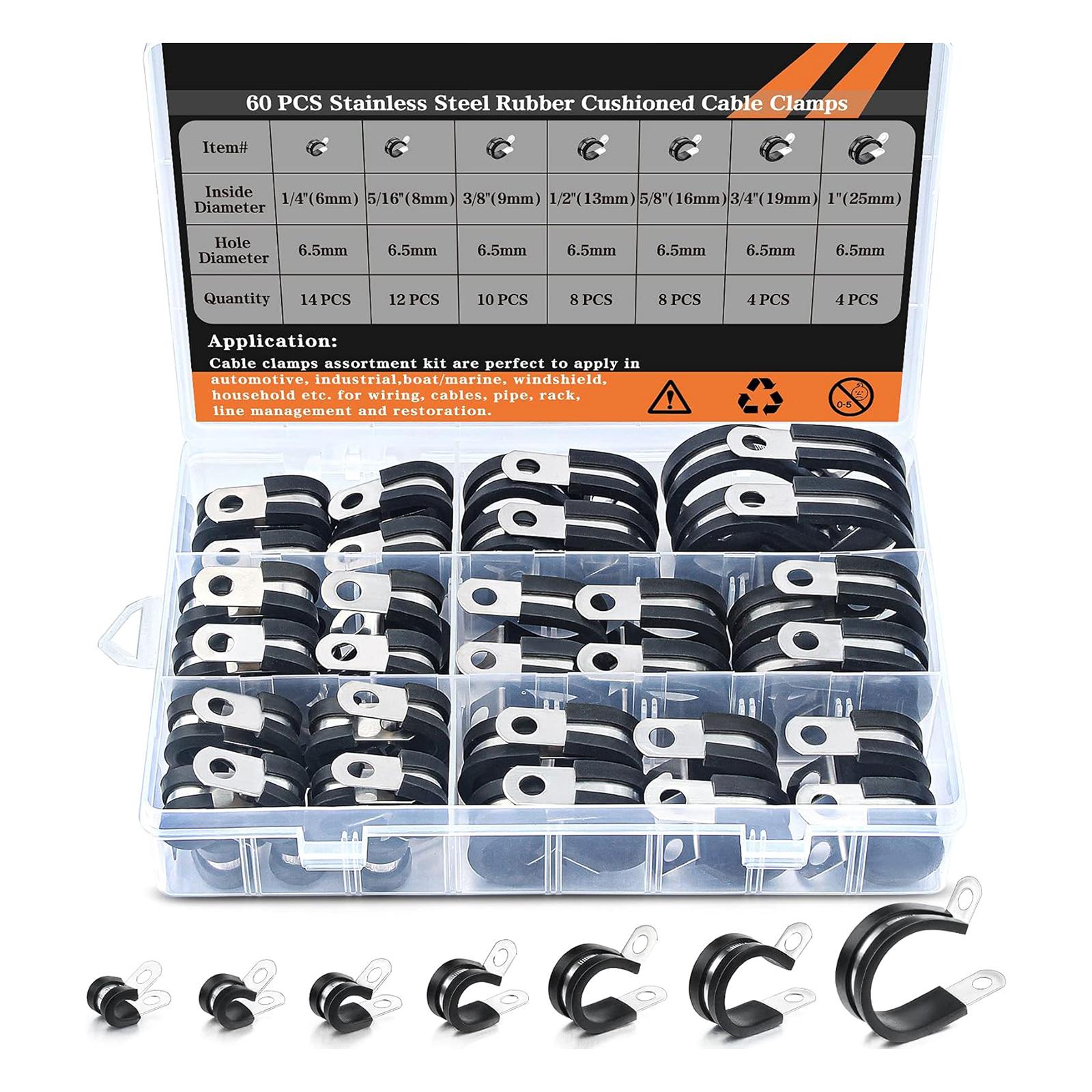 

Набор из 60 кабельных зажимов для прокладки труб и проводов, прорезиненные зажимы из нержавеющей стали с винтами
