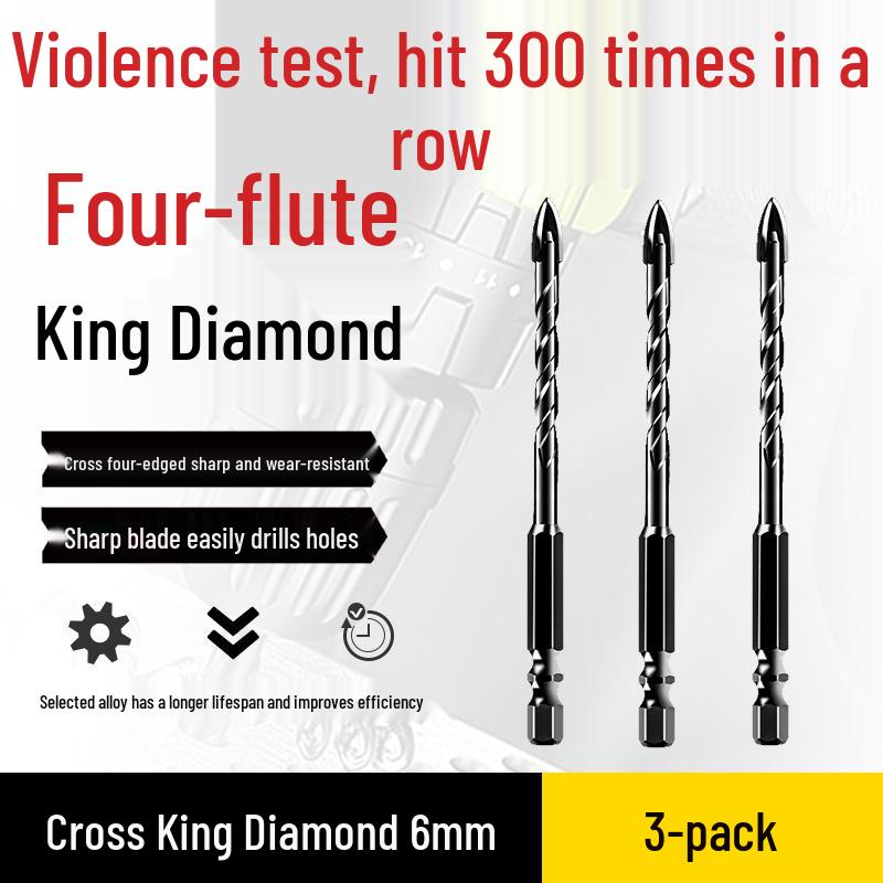 Impact Hex Shank Four-Blade Cross King Drill Bit for Concrete, Tile, and Glass