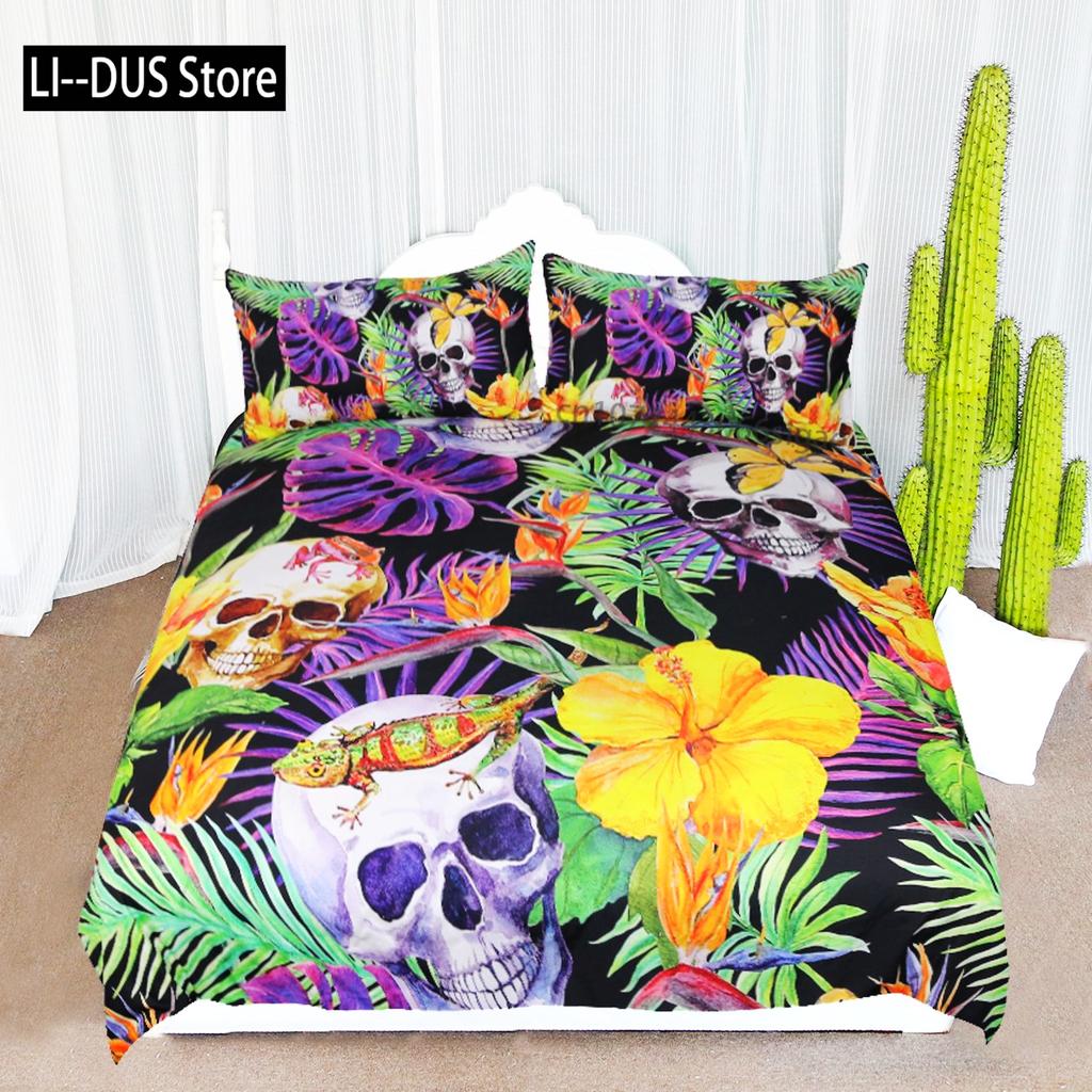 Sugar Skull Bedding Sets Queen King Full Size For Kids Colorful Flower Skeleton Bedding Decor Set With Pillowcases Room Decor