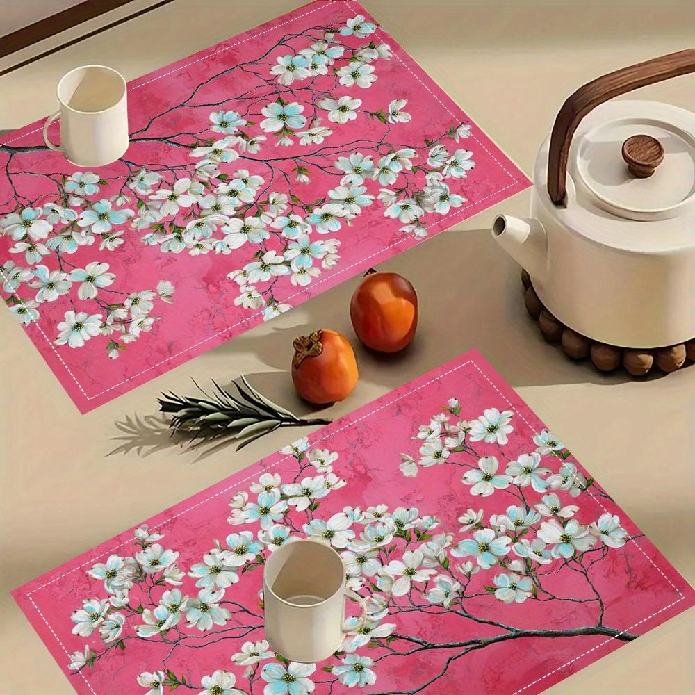 4pcs Dogwood Blossom Placemats Spring Floral Print Pink Background Washable Polyester Table Mats for Dining Kitchen Home Decor