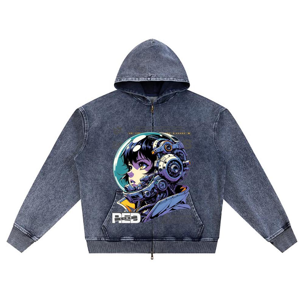 

Худи на молнии из вязаного денима с принтом DTG, мультяшной графикой и принтом Brother XL темно-синий