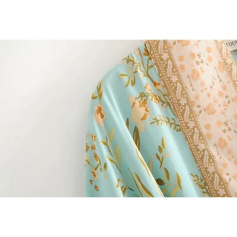 Moda Donna Stampa Floreale Verde Manica a Pipistrello Rayon Spiaggia Boemo Kimono Scollo a V Da Donna Robe Boho