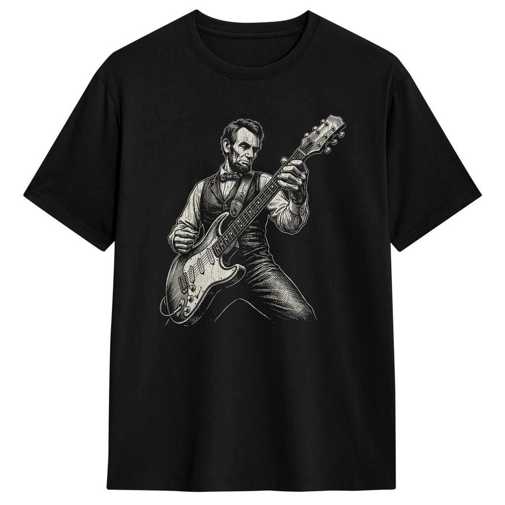 Abraham Lincoln Playing Guitar Retro Music T Shirt Summer Classic Tshirts Pure Cotton Leisure Tshirt For Unisexs Design Tees