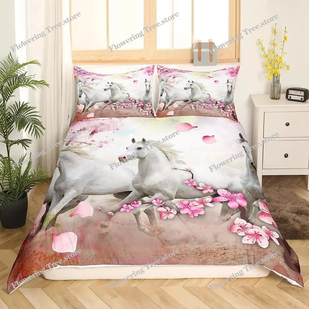 3D Horse Duvet Cover King Queen Size Yellow Sunflower Bedding Set Floral Animal Theme Quilt Cover Wildlife Soft Comforter Cover