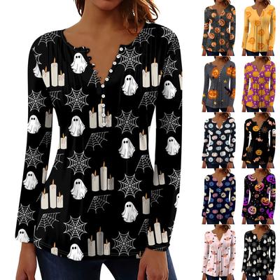 Damen Frühling Herbst Plissiertes Hemd mit Knopfleiste Kragen Halloween Print Langarm Top