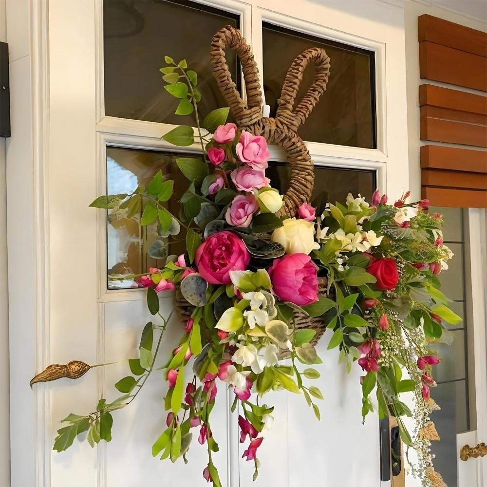 Hand Woven Bunny Flower Basket Handmade Easter Wall Pocket Easter Bunny Basket Spring Decor