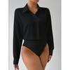 Women's Point Collar Long Sleeve Button Down Bodysuit Shirt Loose Fit Solid Color Casual Blouse Top