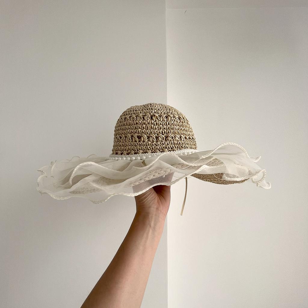 Lace Pearl Straw Hat Femininity Big Brim Shade Sunscreen Hat Soft Sister Seaside Resort Beach Sun Hat