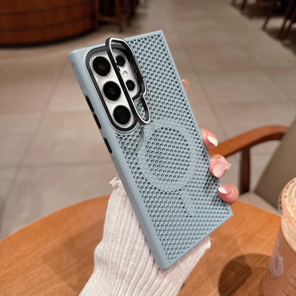 Vhodné pro Samsung S25 Ultra Držák objektivu Magnetické přisávání Pouzdro na telefon Samsung S24 Plástvové chlazení S23 Pocit kůže Protiskluzové