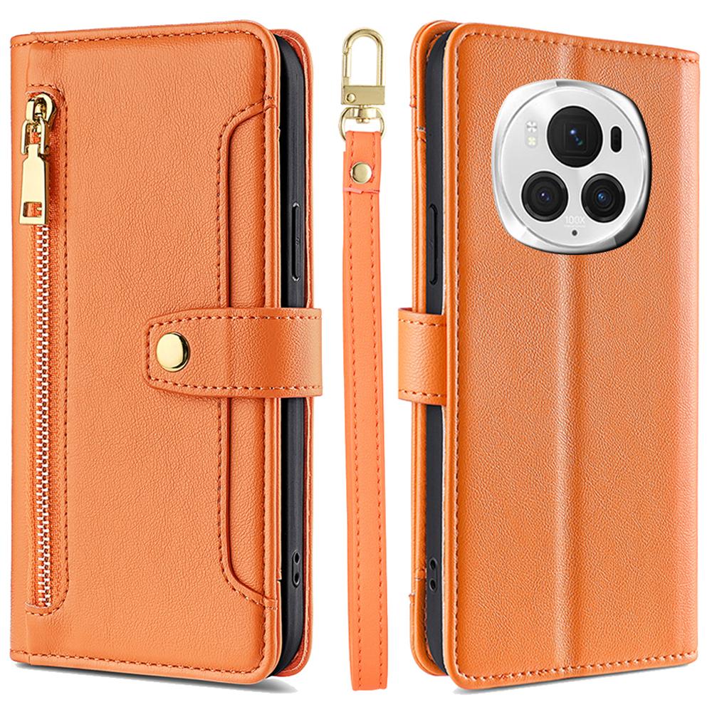 For Honor Magic6 Pro 5G Case Zipper Pocket Wallet Anti-Drop Leather Phone Cover with 2 Straps
