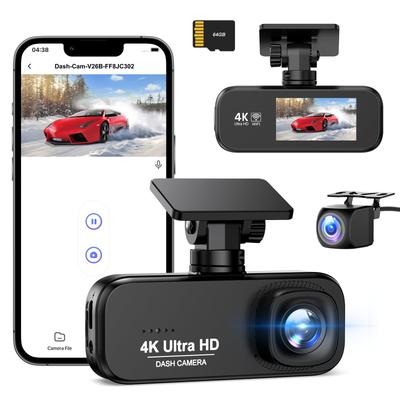 Dashcam with Front and Rear Cameras, 4K UHD 8MP + 1080P Full HD HDR/WDR Correction, 5G WIFI, 170-degree Wide Angle View, 64GB Card Included, F1.8 Larg