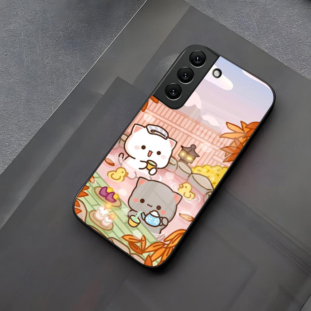 Fun Cartoon Peach Mochi Cat Phone Case Glass For Samsung Galaxy S23 S24 S21 S25 S22 S20 Ultra Fe Plus A55 A15 A14 Coque