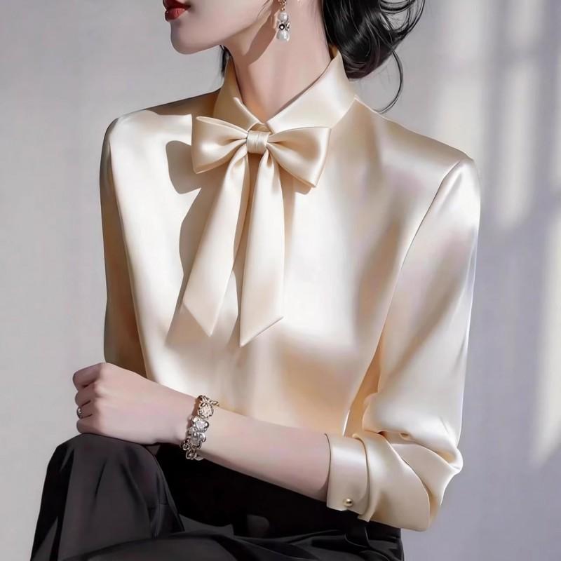 2026 Womens Long Sleeve Blouse With Bow Collar Elegant Casual Shirt In Solid Colors