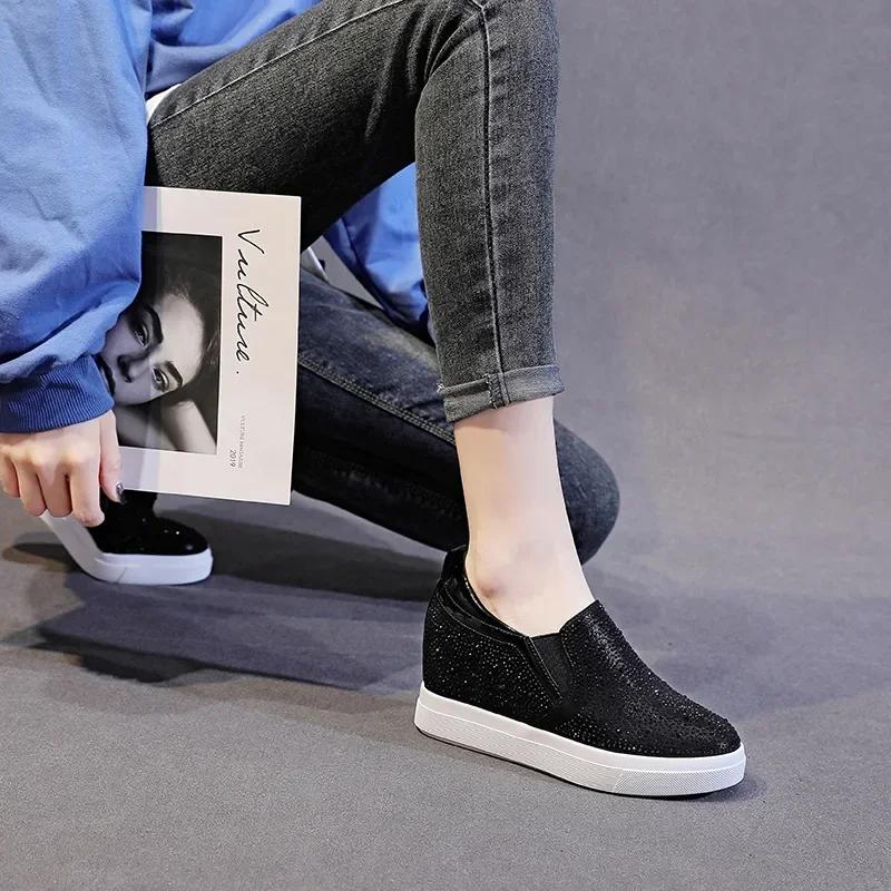 Fashion High quality 7CM Platform Wedge Sneakers Shoes Genuine Leather Bling Slip on Spring Autumn Women Fashion Sneakers Casual shoes