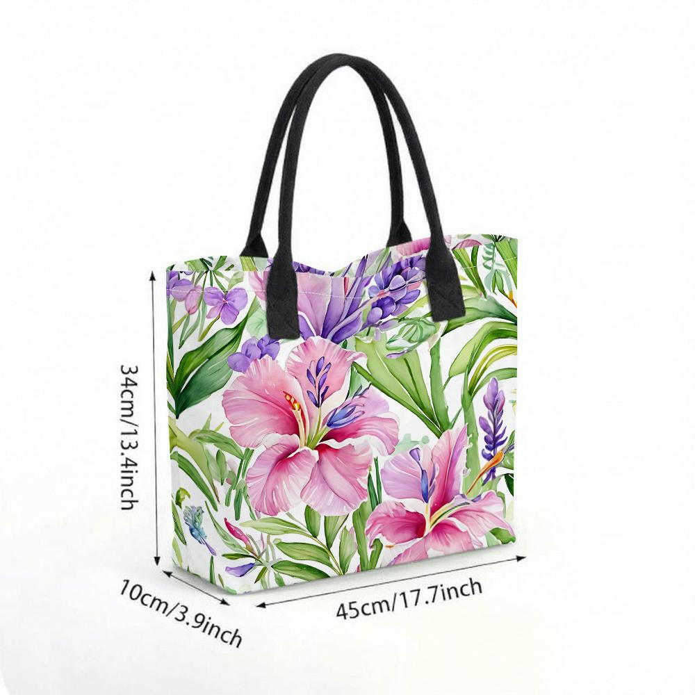 Floral Tote Bag Watercolor Tropical Print Large Capacity Casual Shoulder Bag for Shopping Beach Daily Use