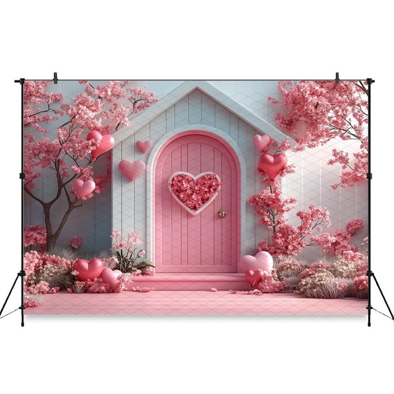 Mocsicka Valentine's Day Photo Backdrop Pink House Tree Balloons Flowers Wallpaper Decorations Wedding Backgrounds Studio Banner