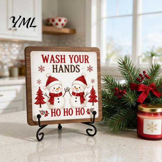 Christmas Pet Ornament Wooden Tabletop Decor, 2D Santa with Iron Stand, Rustic Wrought Display Stand Holiday Sign for Home And Cafe Festive