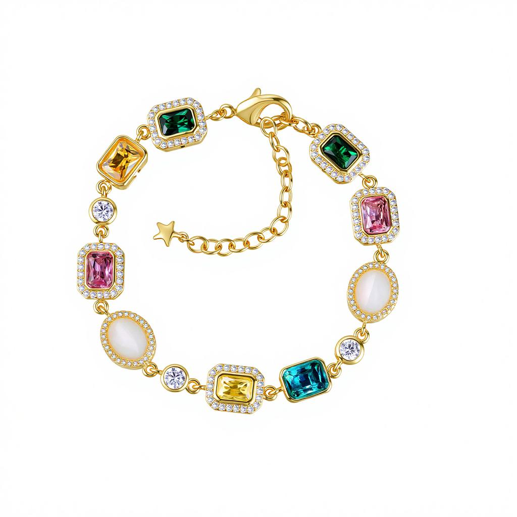 Hip Hop Colored Gemstones Women'S Necklace Jewelry Personality Trend Zircon Men'S Bracelet