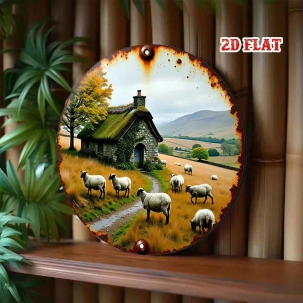 Vintage Cottage Metal Wall Art Pastoral Farmhouse Decor with Sheep Stone House Rustic Home Sign