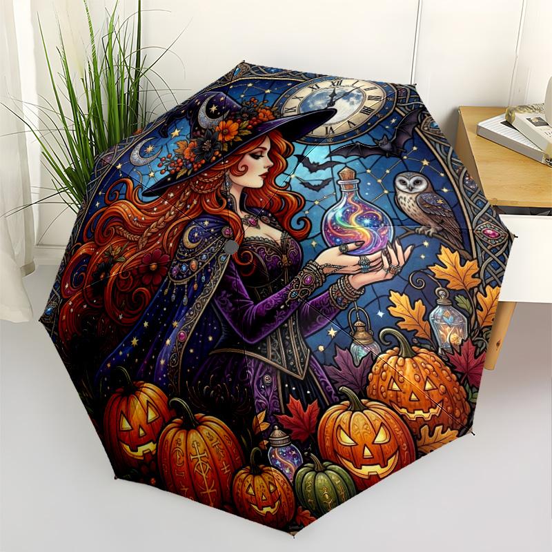 Witchcraft Halloween Magic Compact Travel Automatic Umbrella Folding Umbrella with 8 Ribs Lightweight for Women/Men Fashionable