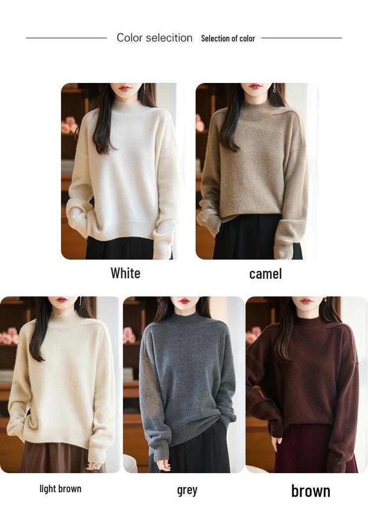 Women's Solid Color Pure Wool Raglan Knitwear - Soft, Warm Long Sleeve with Half-High Neck