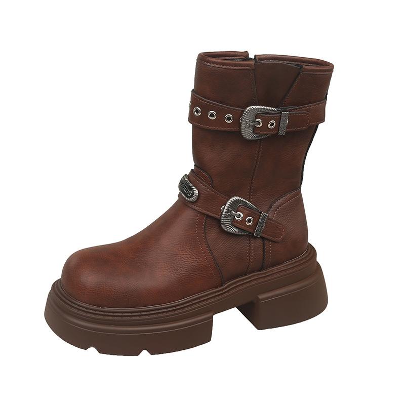 Belt buckle tooling boots Western cowboy boots Coarse heel short boots Women's 2025 new autumn and winter thin boots Medium boots