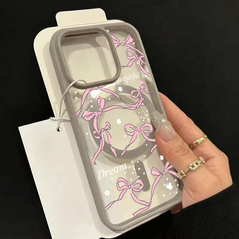 

Phone Case For iPhone 11 12 13 14 15 16 17 Pro Max 16 Plus 16E 17 Air With Pink Bow For Magsafe Wireless Charging Magnetic Cover iPhone 16 Pro Max серый
